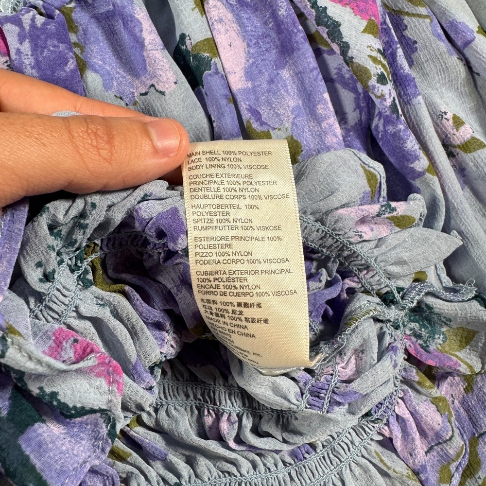 Free People Top Blouse Women Large Daphne Blue‎ Floral Lace Smocked Cropped Boho - Picture 5 of 10